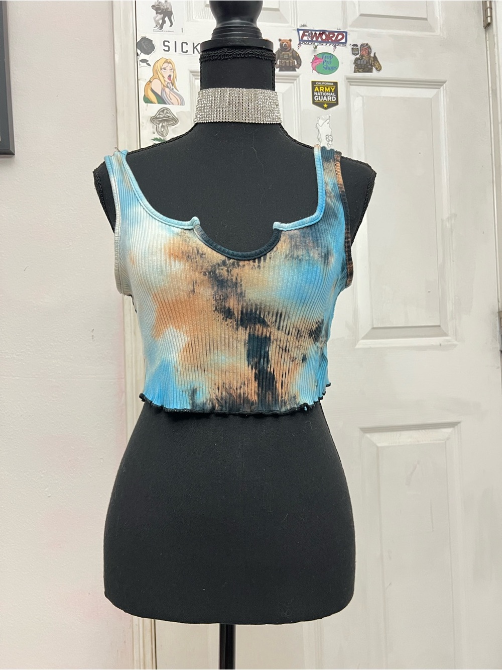 Tie-Dye Ribbed Crop Tank Top - Blue & Brown